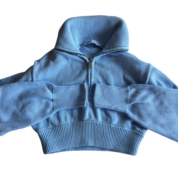 ZARA Knit Cropped Quarter Zip Sweater Blue Size Small - Picture 2 of 5